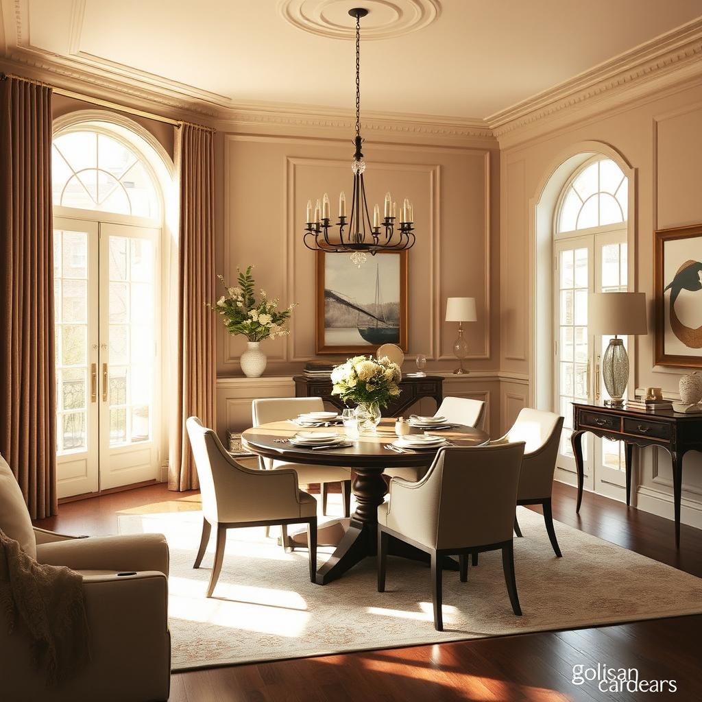 A sophisticated dining room with walls painted in a subtle and warm #AA9584 hue, creating an elegant and inviting setting