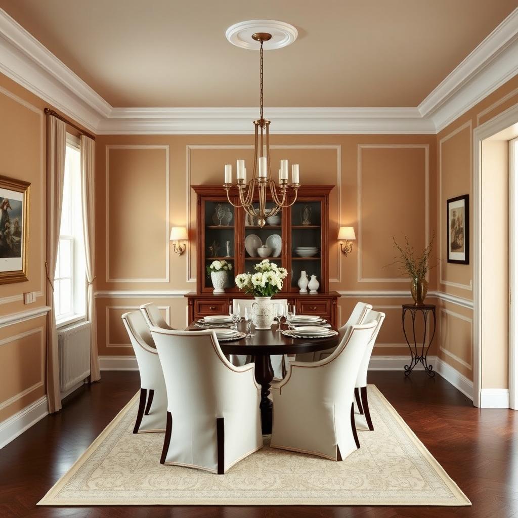 A dining room designed with a refined touch featuring walls painted in a warm and elegant #AA9584 hue, creating a cozy and welcoming ambiance