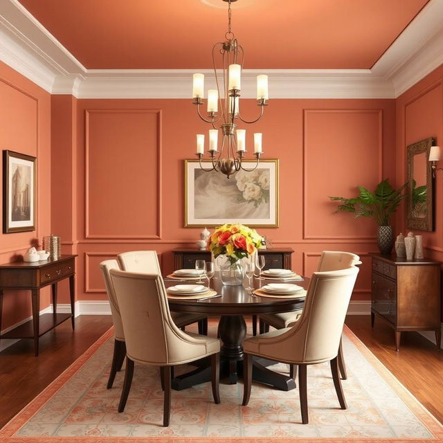 A dining room designed with a refined touch featuring walls painted in a warm and elegant #AA9584 hue, creating a cozy and welcoming ambiance