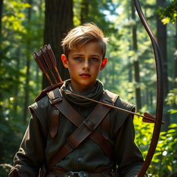 A young hunter with copper skin, portraying a sense of adventure and skill