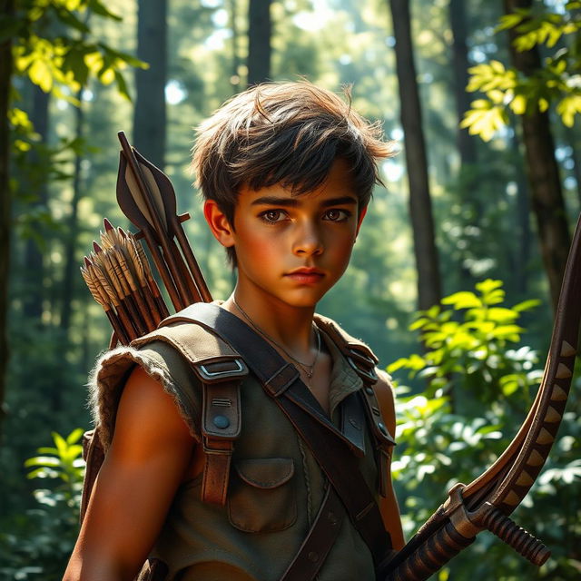 A young hunter with copper skin, portraying a sense of adventure and skill