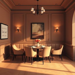 A dining room with an elegant aesthetic characterized by walls with hues that evoke a sense of warmth and sophistication similar to #aa9584