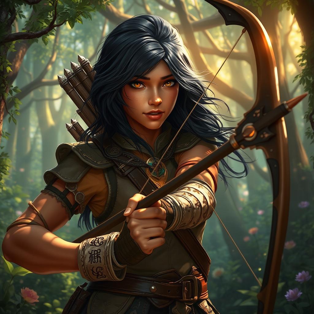 A fantasy-themed young adult hunter with copper skin and flowing black hair, poised and ready in a mystical forest