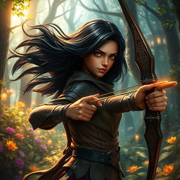 A fantasy-themed young adult hunter with copper skin and flowing black hair, poised and ready in a mystical forest