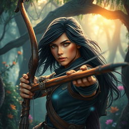 A fantasy-themed young adult hunter with copper skin and flowing black hair, poised and ready in a mystical forest