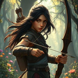 A fantasy-themed young adult hunter with copper skin and flowing black hair, poised and ready in a mystical forest