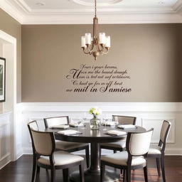 A dining room with elegantly styled walls that feature an understated yet sophisticated color palette