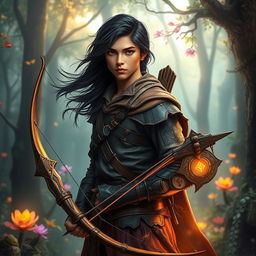 A fantasy-themed young male adult hunter with copper skin and flowing black hair, set against a mystical forest backdrop