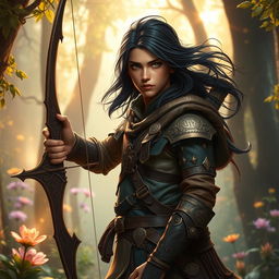 A fantasy-themed young male adult hunter with copper skin and flowing black hair, set against a mystical forest backdrop