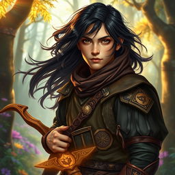 A fantasy-themed young male adult hunter with copper skin and flowing black hair, set against a mystical forest backdrop