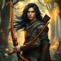 A fantasy-themed young male adult hunter with copper skin and flowing black hair, set against a mystical forest backdrop