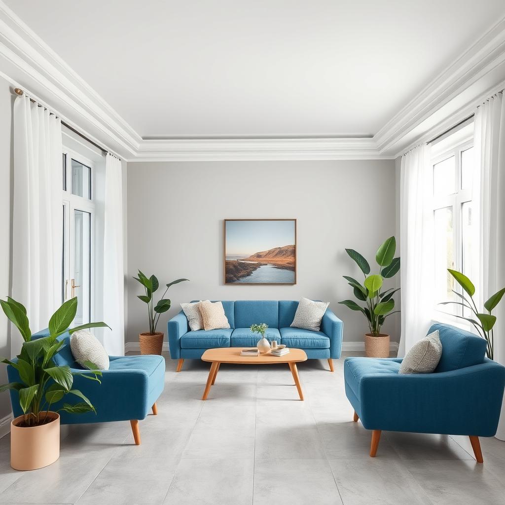 A living room with white ceilings, creating a bright and airy atmosphere