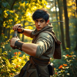 A young adult male with copper skin and black hair, portrayed as a skilled hunter