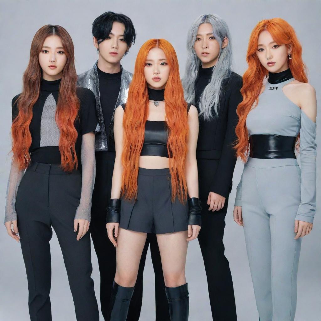 A Kpop group of 4 members. One has long wavy cherry hair, another with black jellyfish cut hair, the third with long straight orange hair, and the last with long gray hair. All are dressed in unique but cohesive futuristic outfits.