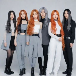 A Kpop group of 4 members. One has long wavy cherry hair, another with black jellyfish cut hair, the third with long straight orange hair, and the last with long gray hair. All are dressed in unique but cohesive futuristic outfits.