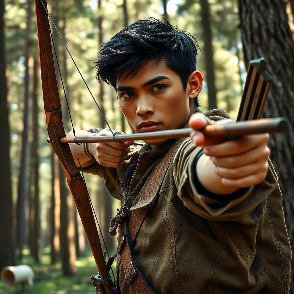 A young adult male with copper skin and black hair, depicted as a skilled hunter