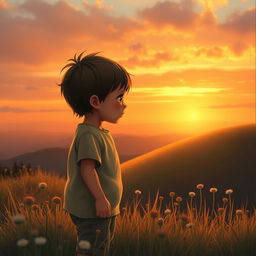 A poignant cover image featuring a child of indeterminate gender, standing on a hill at sunset, gazing forlornly at the horizon