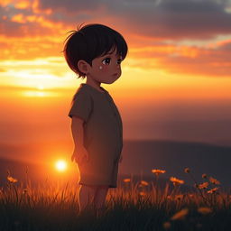 A poignant cover image featuring a child of indeterminate gender, standing on a hill at sunset, gazing forlornly at the horizon