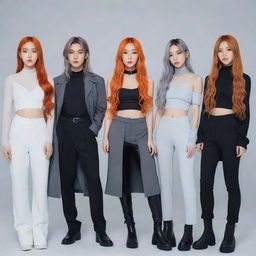 A Kpop group of 4 members. One has long wavy cherry hair, another with black jellyfish cut hair, the third with long straight orange hair, and the last with long gray hair. All are dressed in unique but cohesive futuristic outfits.