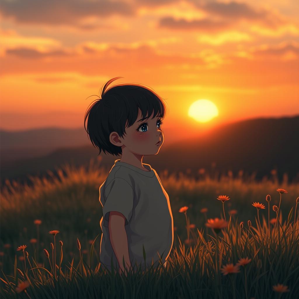 A poignant cover image featuring a child of indeterminate gender, standing on a hill at sunset, gazing forlornly at the horizon