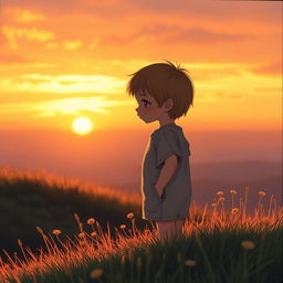 A poignant cover image featuring a child of indeterminate gender, standing on a hill at sunset, gazing forlornly at the horizon