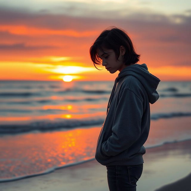 A sad teenager with a tearful expression looking solemnly at the horizon