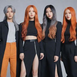 A Kpop group of 4 members. One has long wavy cherry hair, another with black jellyfish cut hair, the third with long straight orange hair, and the last with long gray hair. All are dressed in unique but cohesive futuristic outfits.