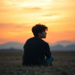 A teenager sitting alone, gazing at the horizon with a tearful expression