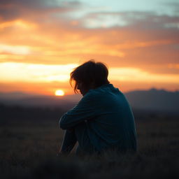 A teenager sitting alone, gazing at the horizon with a tearful expression