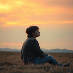 A teenager sitting alone, gazing at the horizon with a tearful expression