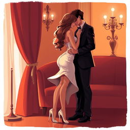 artistic and tasteful illustration of a romantic couple in an intimate, warm setting