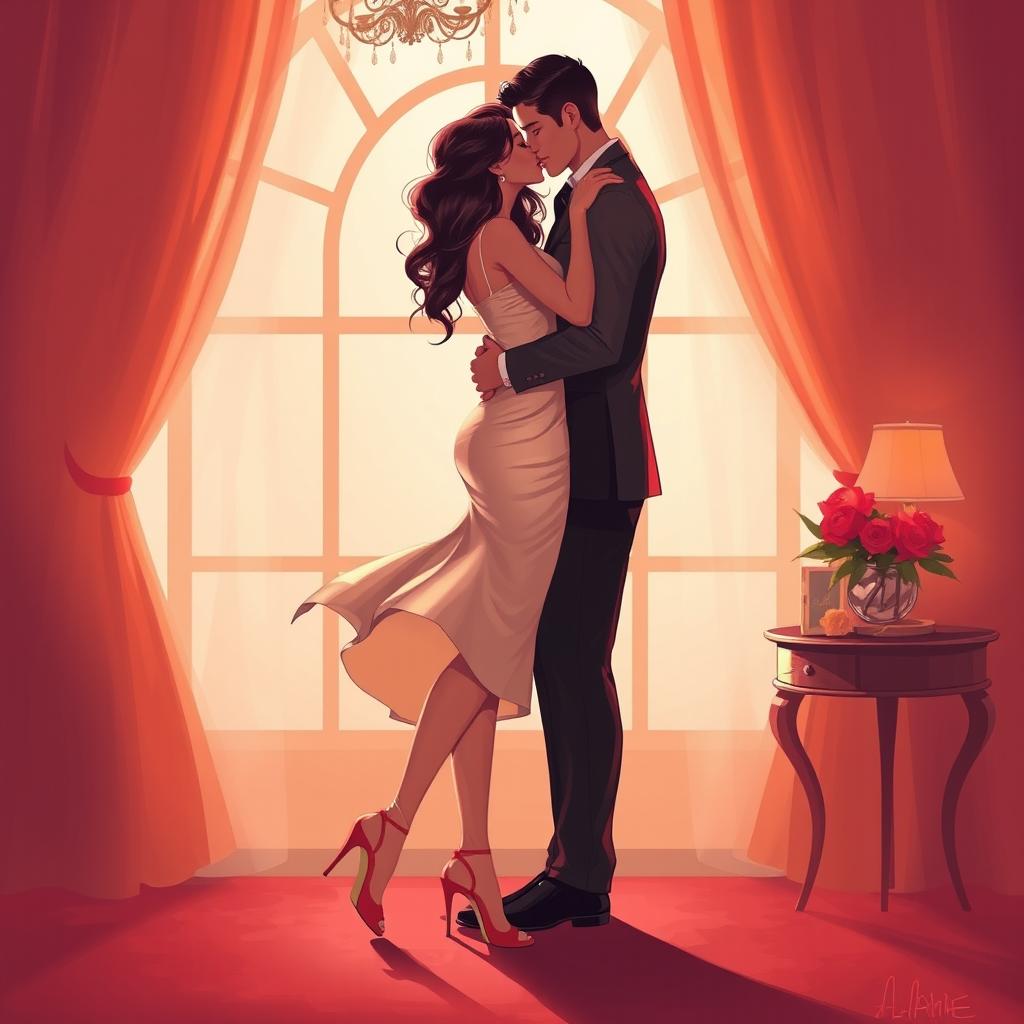 artistic and tasteful illustration of a romantic couple in an intimate, warm setting