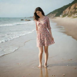 A woman on the beach with her feet in the water, wearing a short dress patterned with flowers.