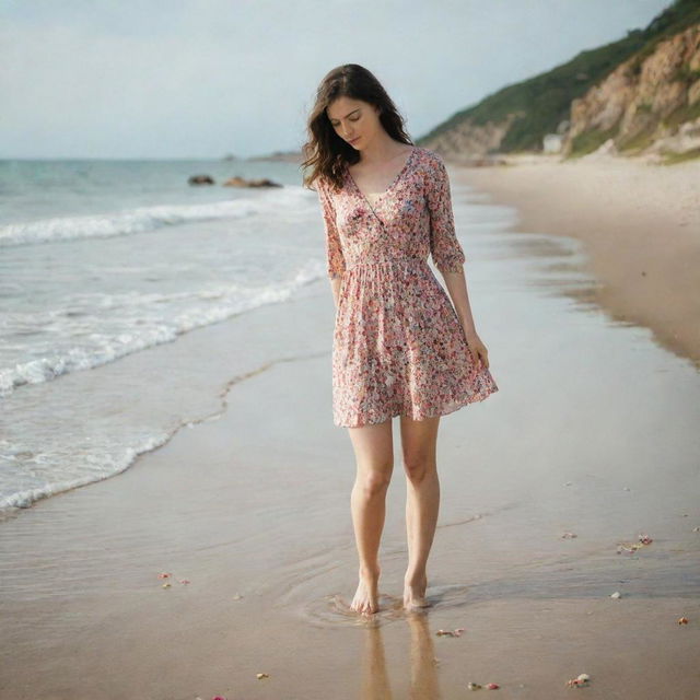 A woman on the beach with her feet in the water, wearing a short dress patterned with flowers.