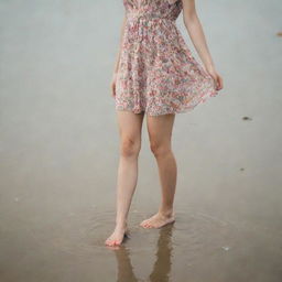 A woman on the beach with her feet in the water, wearing a short dress patterned with flowers.