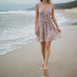 A woman on the beach with her feet in the water, wearing a short dress patterned with flowers.