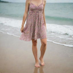 A woman on the beach with her feet in the water, wearing a short dress patterned with flowers.