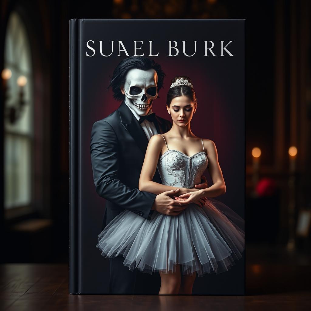 A striking book cover featuring a man with black hair wearing a skull mask, gently holding the waist of a ballerina