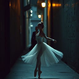 A captivating image of a ballerina and a stalker lurking in the shadows