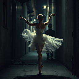 A captivating image of a ballerina and a stalker lurking in the shadows