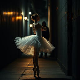 A captivating image of a ballerina and a stalker lurking in the shadows