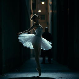 A captivating image of a ballerina and a stalker lurking in the shadows