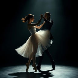 A captivating scene of a ballerina and a dark, shadowy figure dancing together in perfect harmony