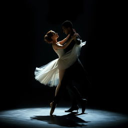 A captivating scene of a ballerina and a dark, shadowy figure dancing together in perfect harmony