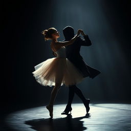 A captivating scene of a ballerina and a dark, shadowy figure dancing together in perfect harmony