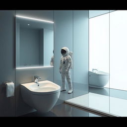 A realistic bathroom scene featuring a modern toilet and an astronaut standing in front of a contemporary mirror