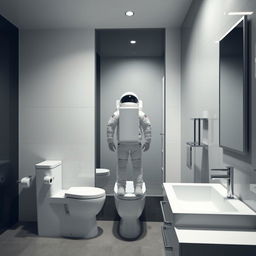 A realistic bathroom scene featuring a modern toilet and an astronaut standing in front of a contemporary mirror