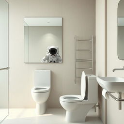 A realistic bathroom scene featuring a modern toilet and an astronaut standing in front of a contemporary mirror