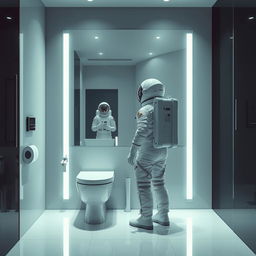 A realistic bathroom scene featuring a modern toilet and an astronaut standing in front of a contemporary mirror