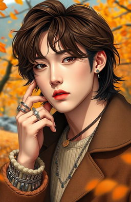 A realistic portrayal of a male K-pop idol with medium-length brown hair, black roots, and wavy texture